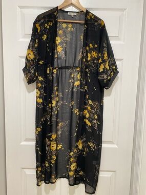 Black & Yellow Floral Sheer Kimono duster with tassels